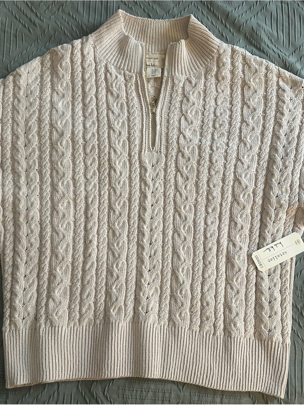 Nicole Miller Cream Cable-Knit Half-Zip Sweater